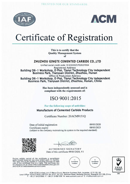 Κίνα Zhuzhou Gingte Cemented Carbide Co.,LTD Πιστοποιήσεις
